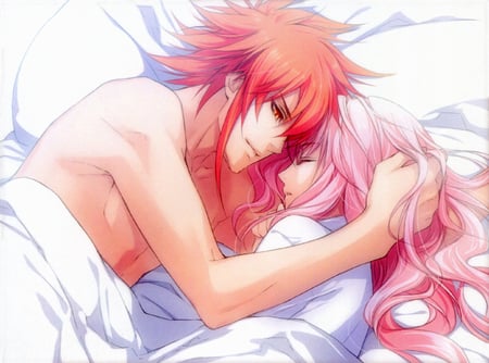 â™«Loveâ™ª - cute, girl, male, sleeping, sleep, pink hair, couple, bed, short hair, lulu, love, red hair, long hair, female, guy, boy, white backgorund, wand of fortune