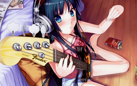 A Day Break - relax, anime, play, blue, room, long hair, music, guitar, bed, headphones, sing, cola, girl, love, floor, rest, sexy, song