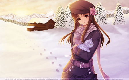 Lost In Winter Wonderland - wallpaper, flower, cute, log cabin, cat, akira mikazuki, anime girl, girl, red eyes, small, purple, winter, pretty, brown hair, anime, kanon, skirt, snow