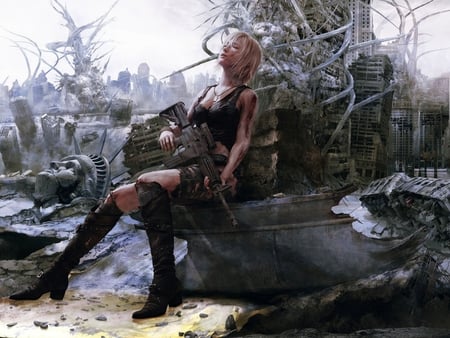 well earned rest - seated, ruins, buildings, weapon, woman