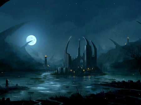 fantasy land - warrior, lights, towers, building, moon, stars