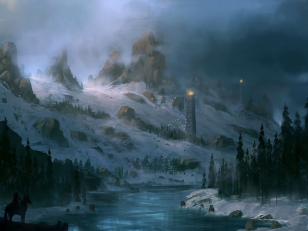 fantasy land - clouds, warrior, snow, blue sky, horse, river, lights, towers, mountains