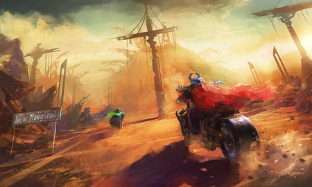 Ghost Rider - bike, cgi, fantasy, rider, road, sky