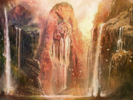 fantasy waterfall - cliffs, birds, water, statue