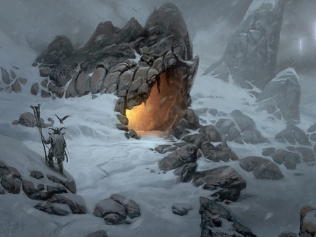 artic dweller - cave, rocks, snowing, clouds, light, man, snow