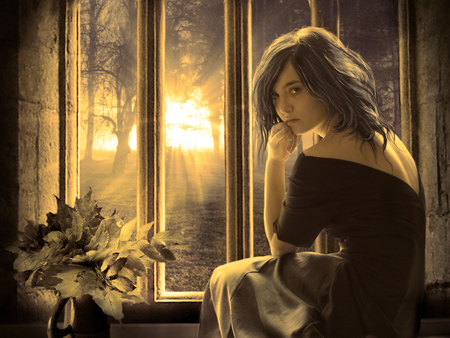 Sitting by the Window - sunset, girl, window, photo