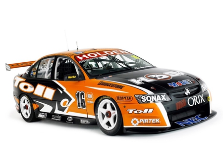 holden v8 supercar - black, white, two seater, white alloys, orange, front engine, race modified