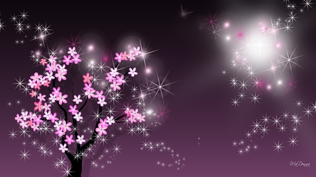 Spring Arrives - stars, sky, pink blossoms, summer, shine, spring, glow, purple, tree, flowers