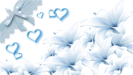 Lily Ribbon and Hearts - lilies, white, hearts, lily, valentiens day, blue, lace, ribbon, flowers