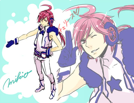 Mikio wink to you - love, bro, to you, pony-tail, pink hair, mikio, red hair, twin brother, star, rough sketch, miki, vocaloid, wink