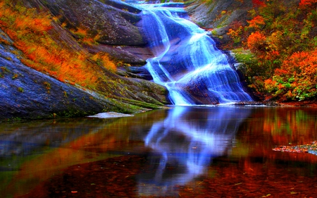 FALLING  WATER REFLECTIONS - reflections, autumn, forest, waterfalls, clear