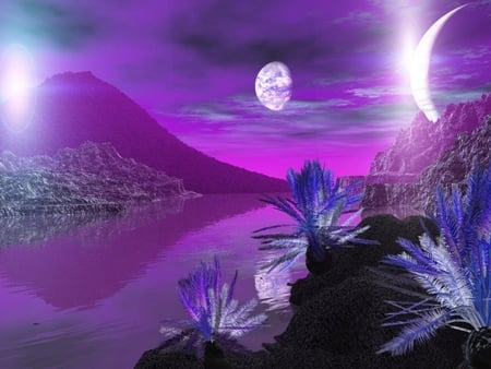 TWIN MOONS - twin, purple, sky, reflection, water, space, moons