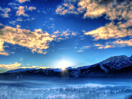 Blue Winter Valley - clouds, winter, nature, valley, sun