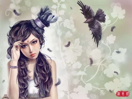 Crow - crow, girl, feathers, hat, petals, fantasy, flower