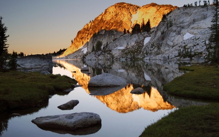 Peek At Sunset - nature, water, sunset, peaks, cliffs