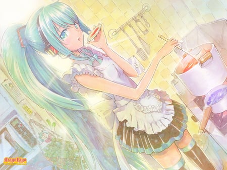 hatsune - eat, miku, blue hair, dress, aqua eyes, kickchen, blousse, long hair