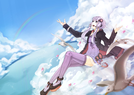 vocaloid - short hair, ciel, purple, blue, dress, petals, sky, red eyes