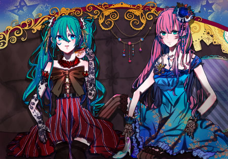 miku abd luka - dress, princess, colors, aqua hair, diamonts, long hair, pink hair, blue eyes