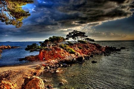 Isle in the Sea - ocean, trees, clouds, stormy, sea, isle, rocks