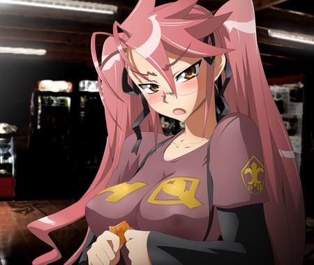 highschool of the dead - tagami, pink hair, long hair, blouse, pink eyes