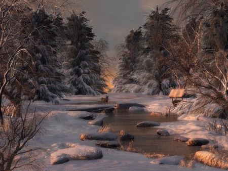 Winter Crossing - deer, trees, snow, river