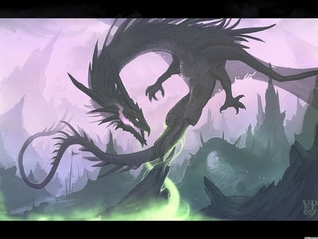 Cool Dragon - dragon, smoke, mountains, black