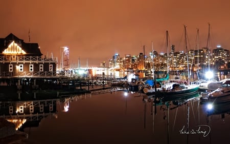 Vancouver - boats, water, night, skyscrapers, vancouver, beautiful, architecture, canada, lights