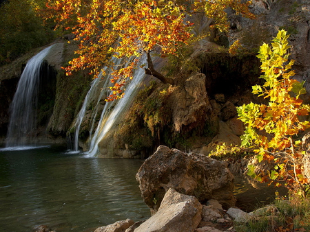 Falling water - water, pond, water stream, forest, fall, river, nature, waterfall, autumn, lake