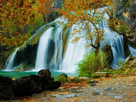 Big forest waterfall - nature, autumn, lake, fall, forest, water stream, waterfall, rocks