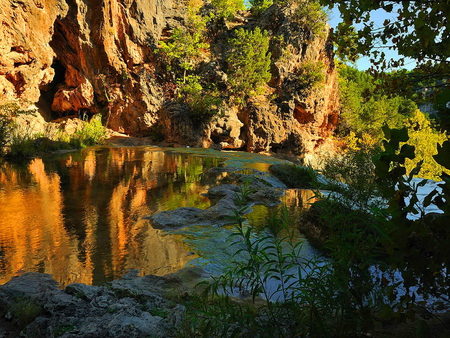 Pond near the rocks - mirrored, reflection, mountain, fall, nature, autumn, lake, sun, water pond, rocks