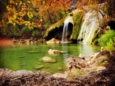 Emerald waters - forest, reflection, stones, fall, nature, waterfall, autumn, green, waters, emerald, peaceful, rocks