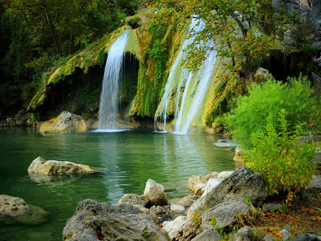 Waterfall - falling, water, forest, reflection, stones, nature, waterfall, green, lake, emerald, peaceful, rocks, silent