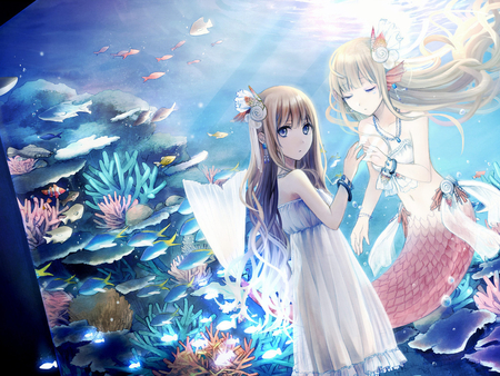 Mermaid sister - pretty, anime, dress, girl, sea, lovely, long hair, colorful, mermaid, underwater, corals, cute, nice, sexy