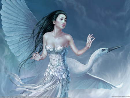 Sky of The End - pretty, bird, female, dress, tang yuehui, hd, face, artwork, beautiful, girl, digital art, beauty, lovely, hair, digital painting, cg, fantasy, white, crane