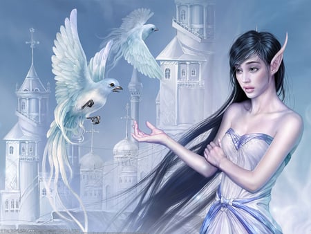 Cloud Wizard - beauty, female, tang yuehui, hair, fantasy, white, face, pretty, cloud, artwork, digital art, elf, girl, long hair, lovely, cg, bird, hd, wizard, beautiful, digital painting, dress