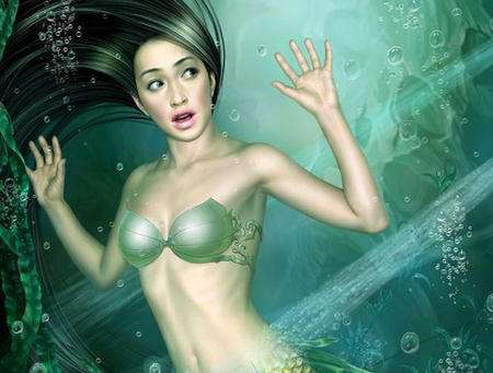 Mermaid - pretty, female, long hair, tang yuehui, mermaid, face, eautiful, swim, artwork, hot, girl, digital art, beauty, lovely, hair, creature, digital painting, cg, fantasy, underwater, bubbles, sexy