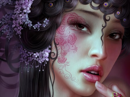 Beautiful Lilac - beauty, make up, female, tang yuehui, hair, finger, eye, fantasy, tattoo, face, gorgeous, pretty, artwork, digital art, lilac, girl, red lips, lovely, cg, hd, graceful, beautiful, digital painting