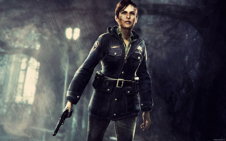 Downpour - female, police, night, dark, stunning, rain, horror, hd, weapon, downpour, silent hill, action, adventure, video game, game, gun, girl, cool, silent hill- downpour, cg, fantasy