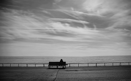 Waitin' for the ONE - seaside, bench, gray, wating