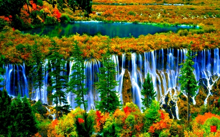 POND & FALLS - nature, autumn, waterfalls, colors, pond