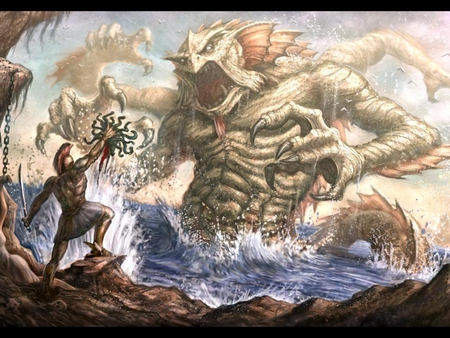 clash of the titans - kraken, medusa, perseus, sea, rocks, birds