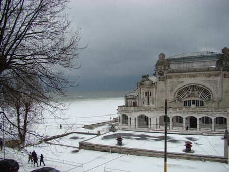 Romania Constanta Casino - casino, ice, white, winter, romania, snow, constanta, sea