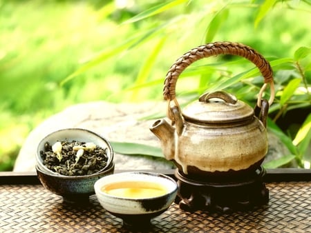 Tea time - green, time, tea, teapot, cup