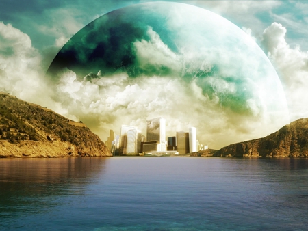 alien world - clouds, water, planet, cliffs, blue sky, buildings