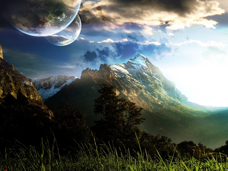 nice view - clouds, planets, trees, snow, blue sky, grass, mountains