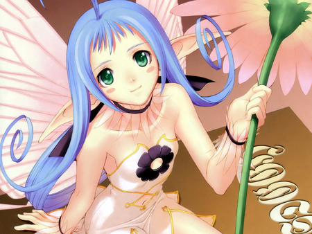 Shining Tears - wing, dress, girl, blush, flower, shining, blue hair, cute, shining tears, tony taka