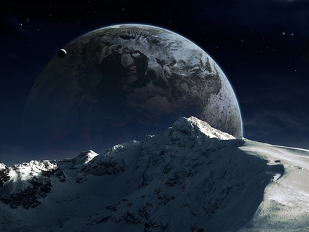 alien world - moon, stars, snow, mountains, planet