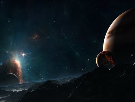 alien world - mountains, nebula, moons, planets, sun, stars