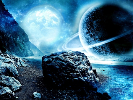 alien world - stars, sun, mountains, planet, rocks