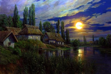 A.Ogurtsov. Full Moon in Ukraine - painting, cottage, moon, art, a ogurtsov, tree